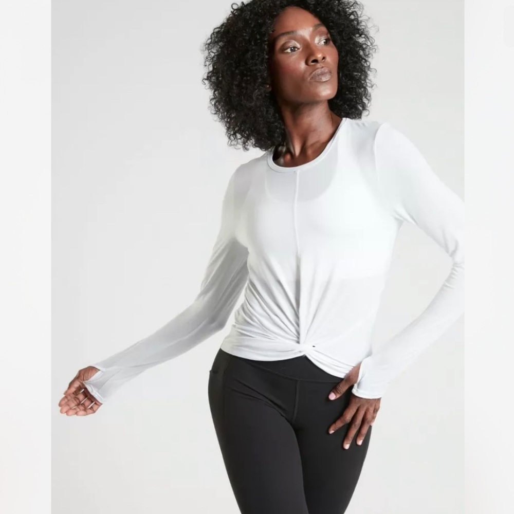 Athleta White Long Sleeve Twist Front Top